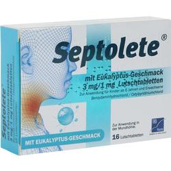 Packung Septolete Lutschtabletten mit Eukalyptusgeschmack für Hals und Mund.